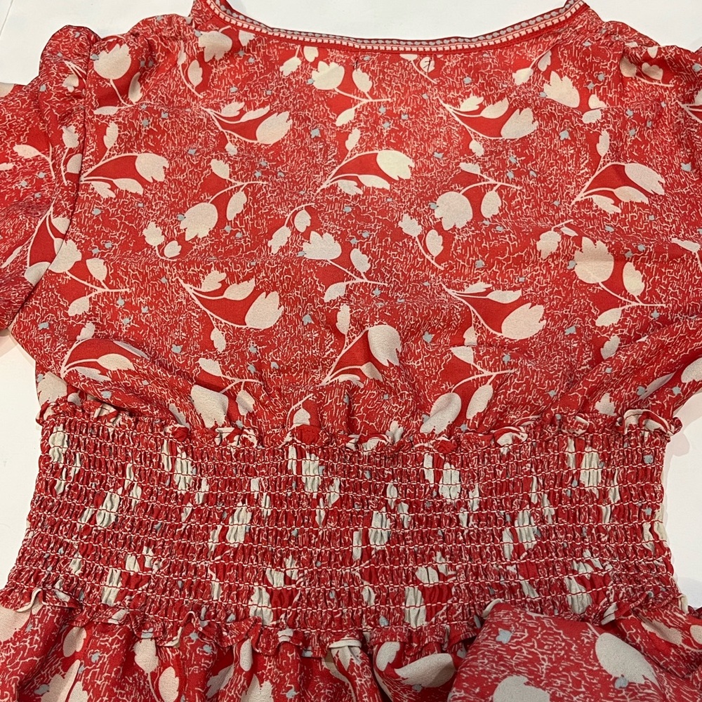 Max Studio Red Floral Smocked Fit Flare Dress Flutter Sleeve Women Small 9912D52 - Picture 9 of 16